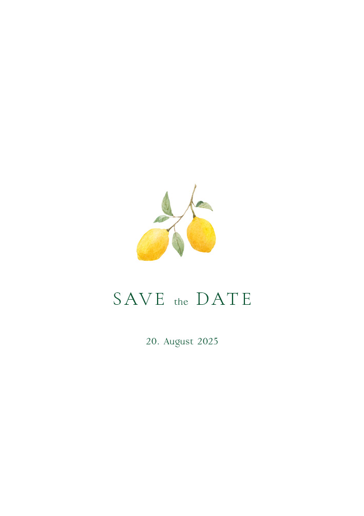 
                Skønt Save the Date kort med en flot citron-detalje. Passer perfekt til et sommerbryllup. Brug bagsiden af kortet til flere praktiske oplysninger. Til designet kommer også matchende elementer i form af velkomstskilt, salmehæfte, bordoversigt, menukort, bordkort, drinkskort, takkekort, invitation mm. således I kan skabe en rød tråd for dagen.                